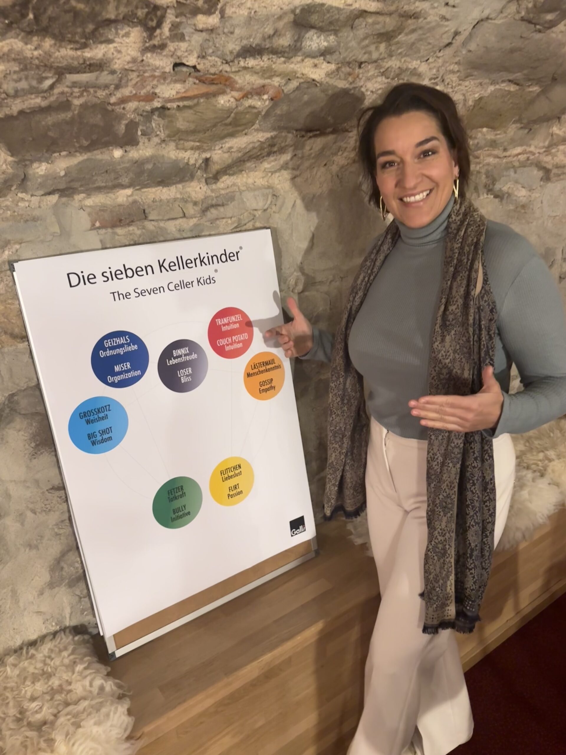 Katinka Riemann neben einer Tafel „Die sieben Kellerkinder“ im Gewölbekeller
